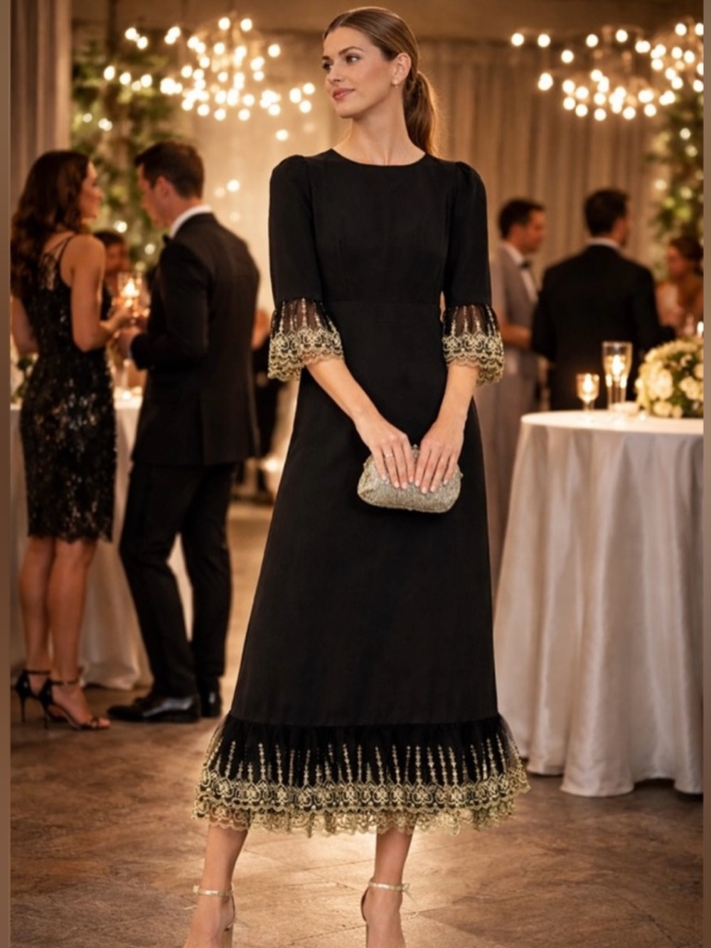 TUCKERNUCK Pomander Place Black Gold Lace Lillith Dress NWT Size Small